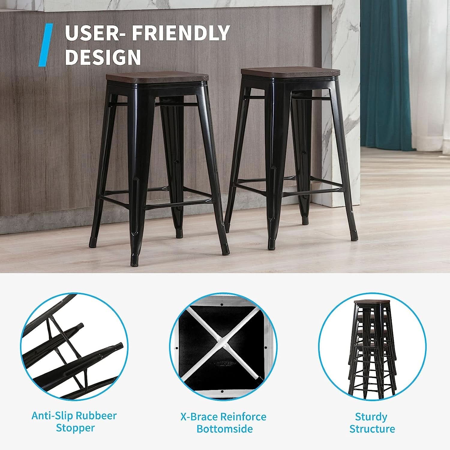 Square Metal Bar Stool Set Of 2, Stackable, 330 Lb Capacity