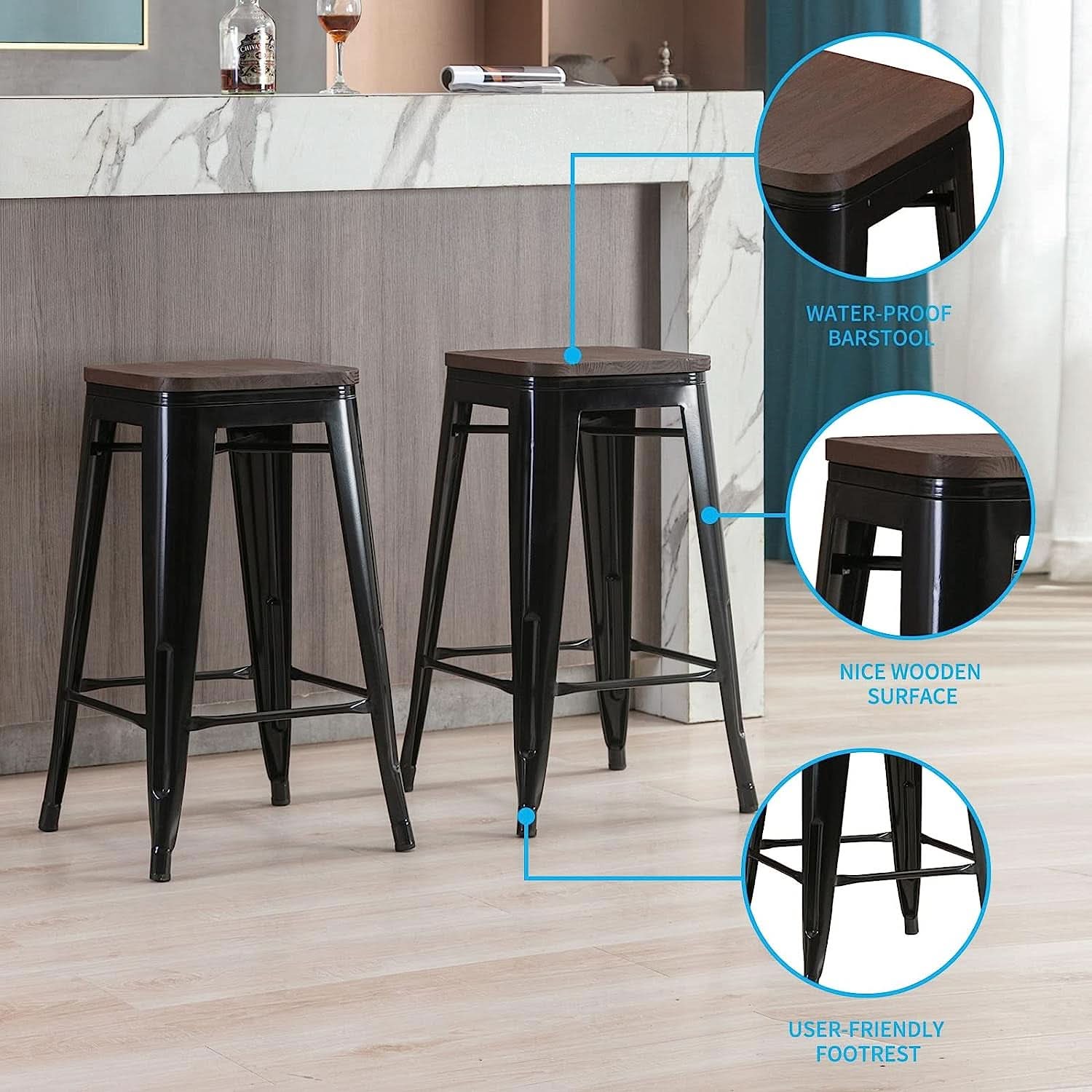 Square Metal Bar Stool Set Of 2, Stackable, 330 Lb Capacity