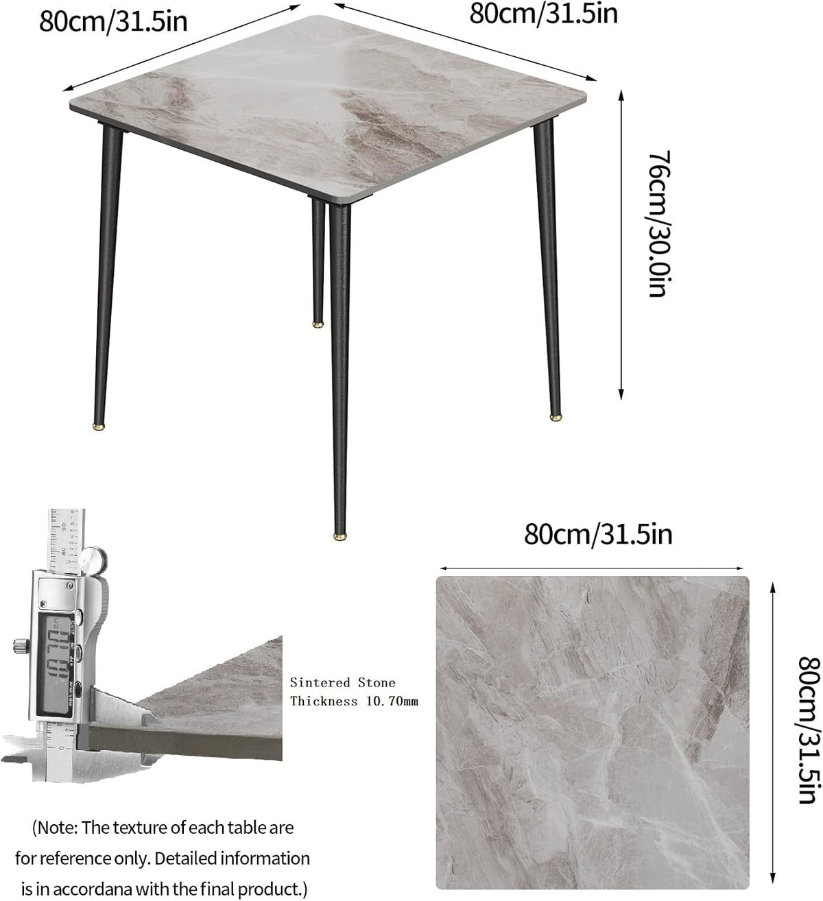 Square Sintered Stone Dining Table 31.5x31.5 Inch Modern Metal Base