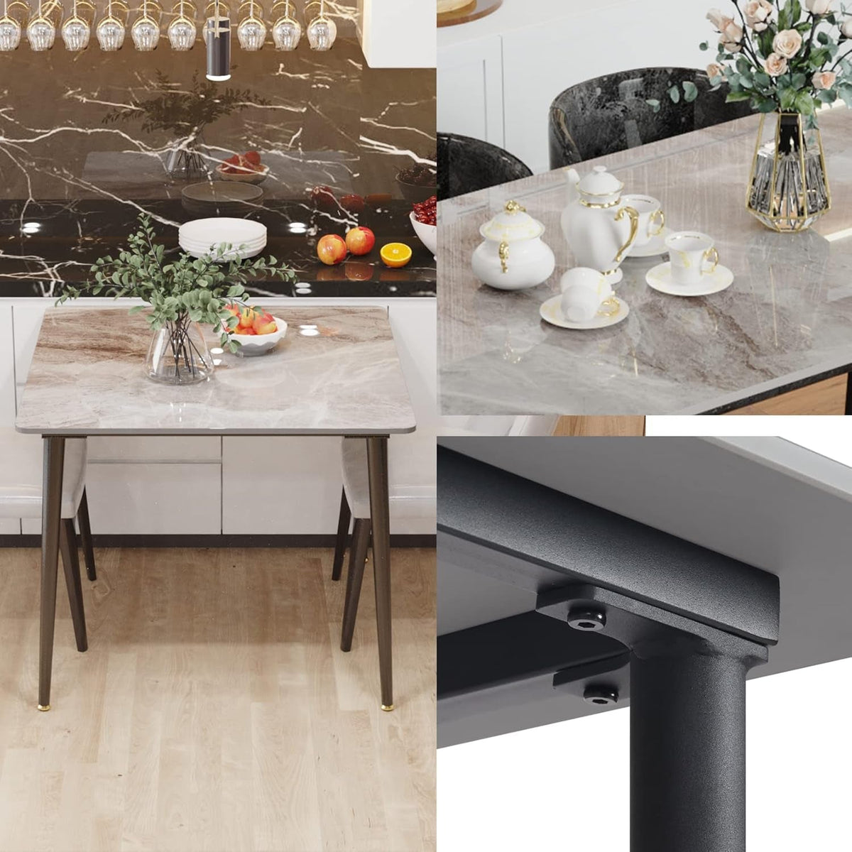Square Sintered Stone Dining Table 31.5x31.5 Inch Modern Metal Base