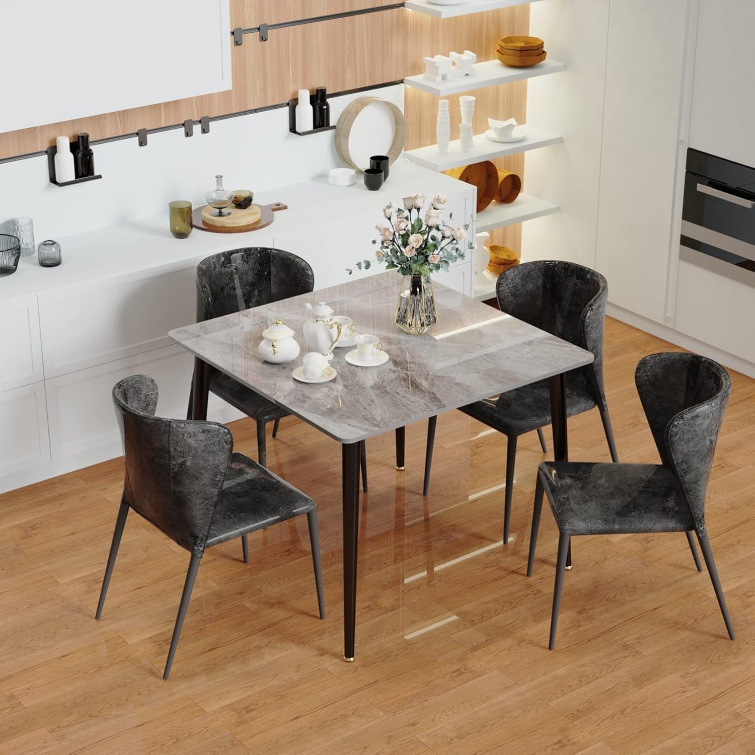 Square Sintered Stone Dining Table 31.5x31.5 Inch Modern Metal Base