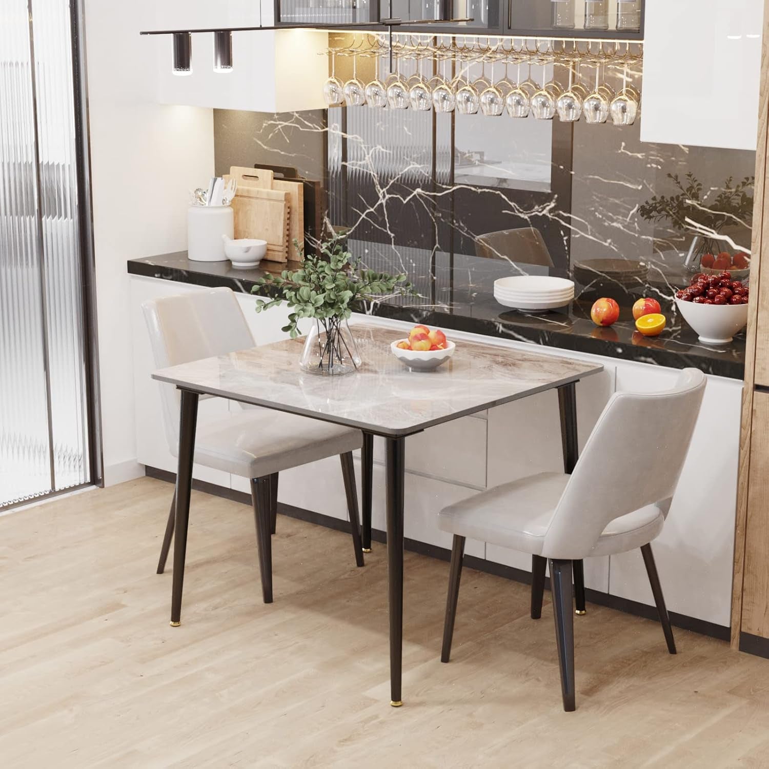 Square Sintered Stone Dining Table 31.5x31.5 Inch Modern Metal Base