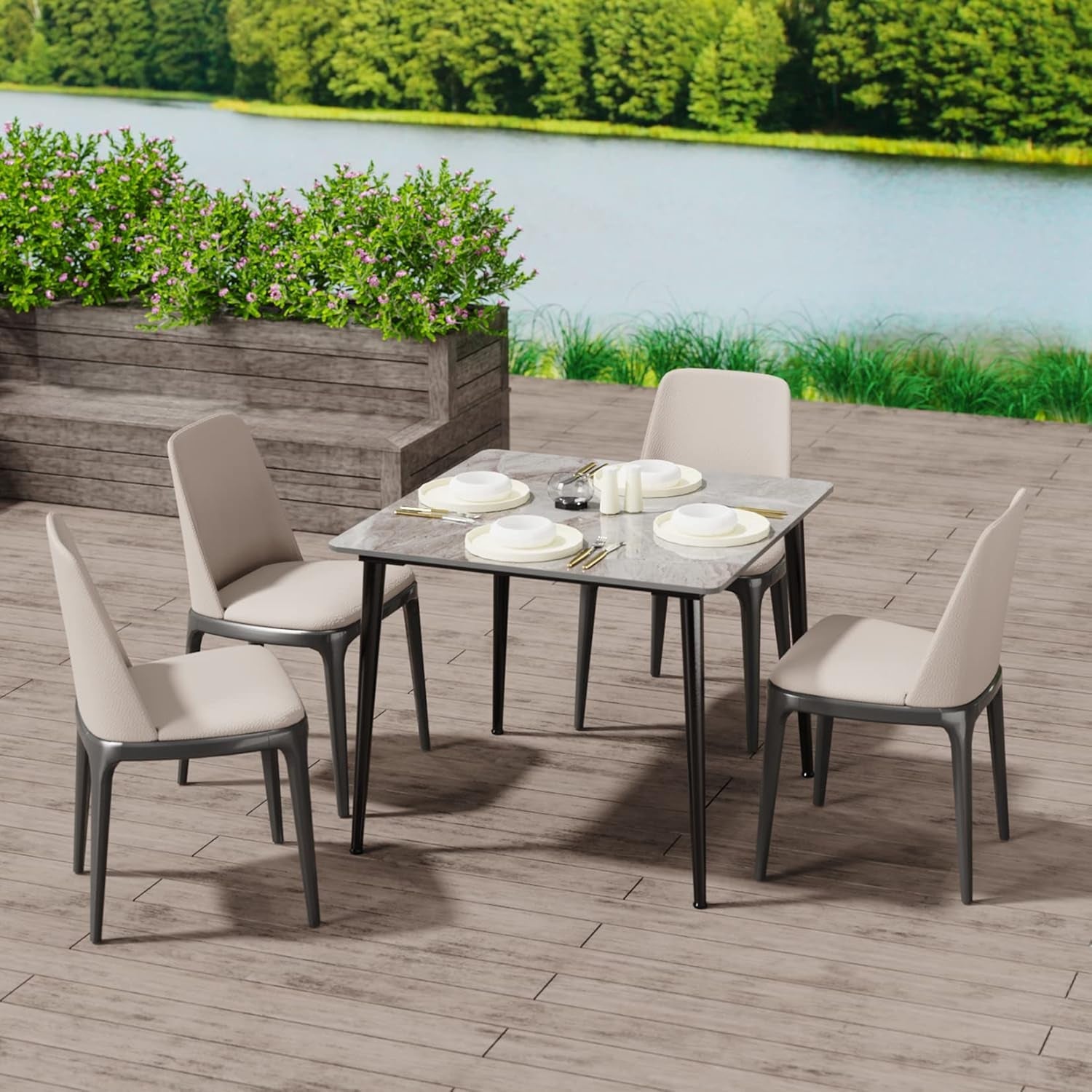 Square Sintered Stone Dining Table 31.5x31.5 Inch Modern Metal Base