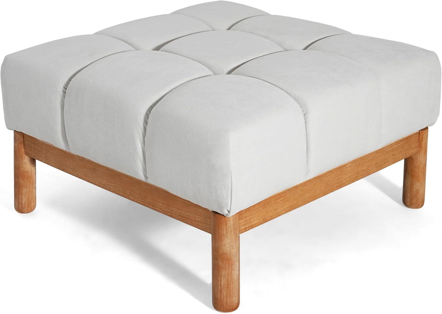 Square White Upholstered Ottoman Featuring Dense Foam