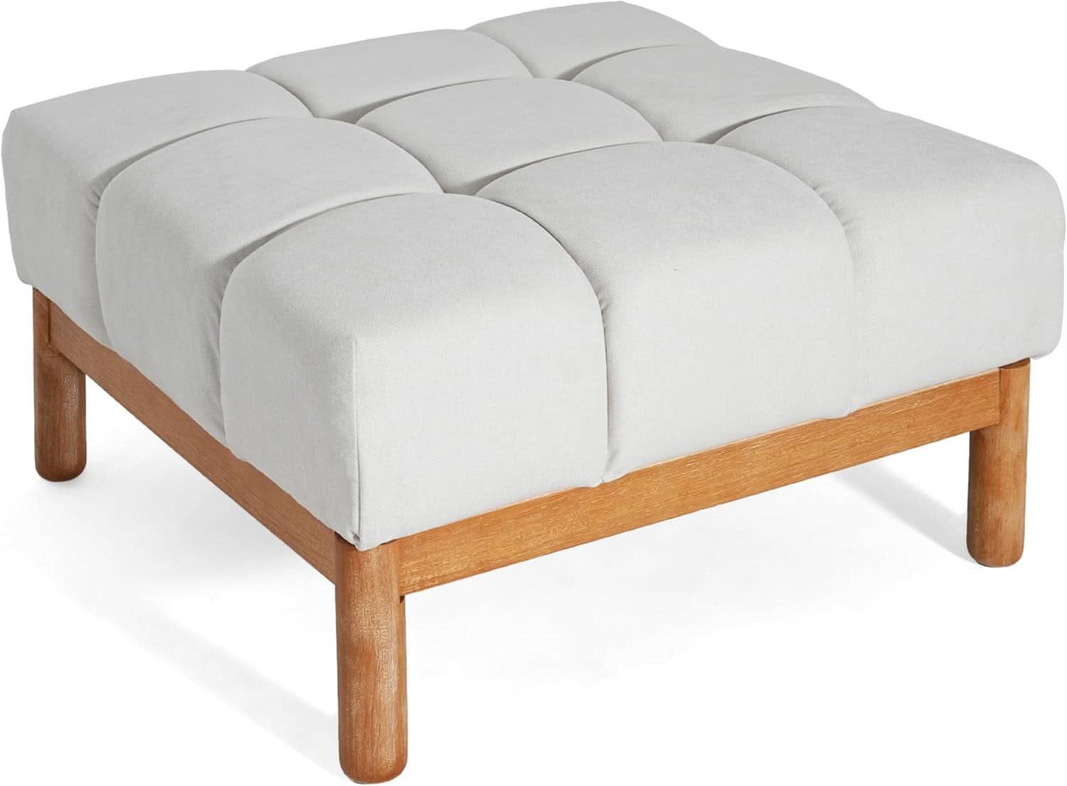 Square White Upholstered Ottoman Featuring Dense Foam