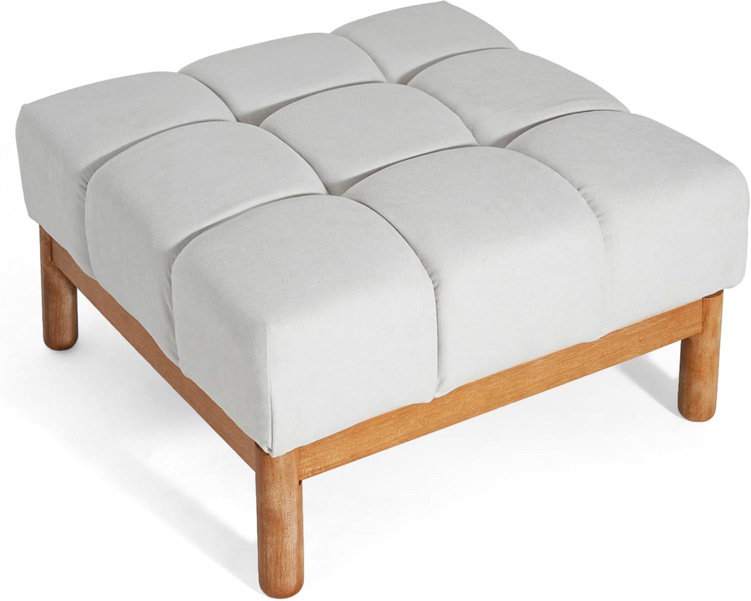 Square White Upholstered Ottoman Featuring Dense Foam
