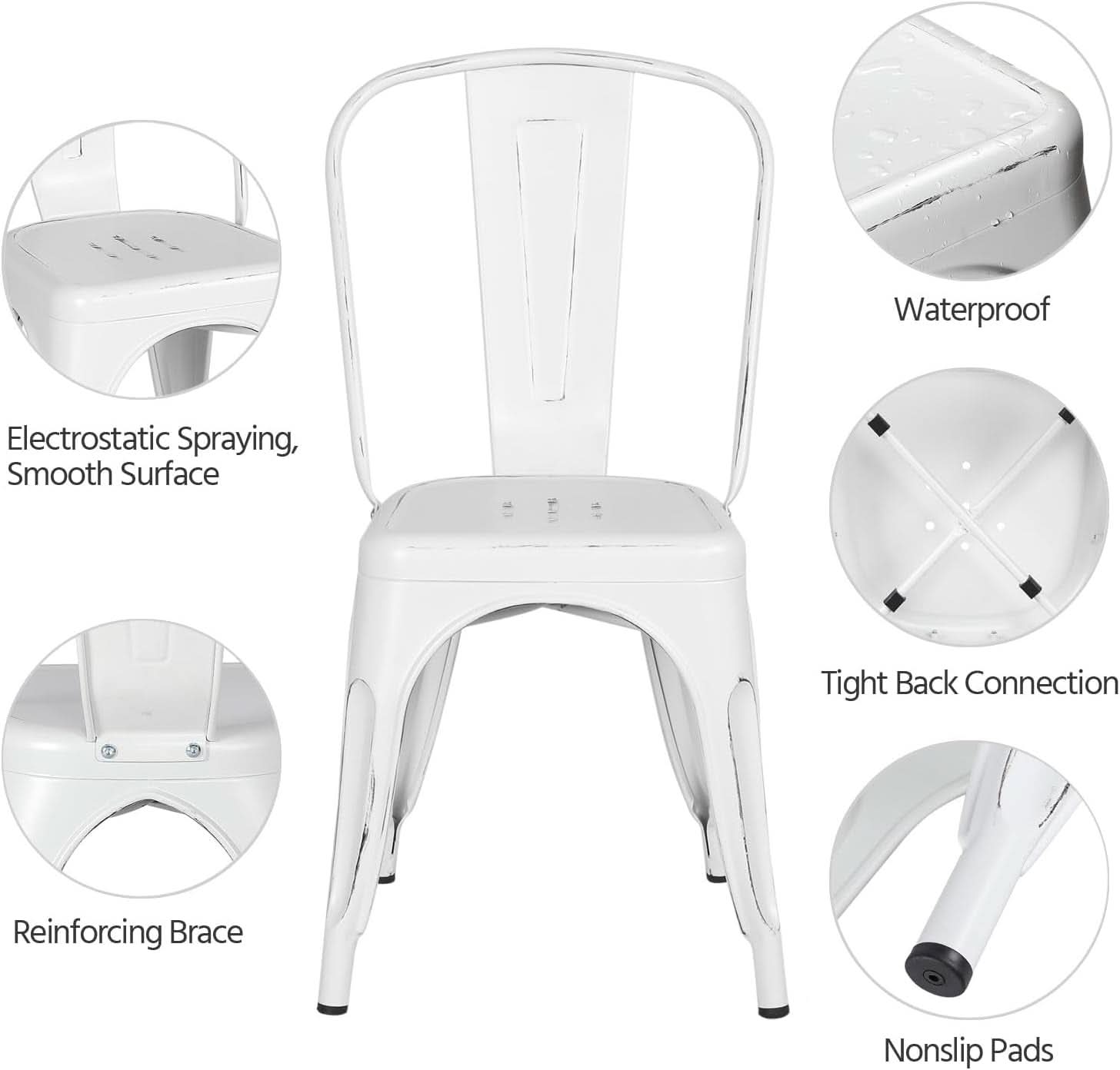 Stackable Distressed White Metal Dining Chairs For Indoor Outdoor Set Of 4