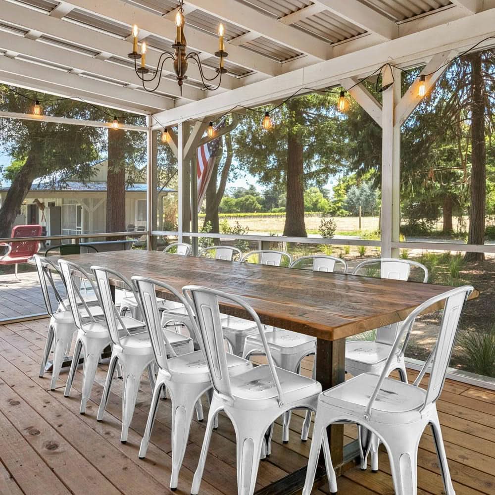 Stackable Distressed White Metal Dining Chairs For Indoor Outdoor Set Of 4