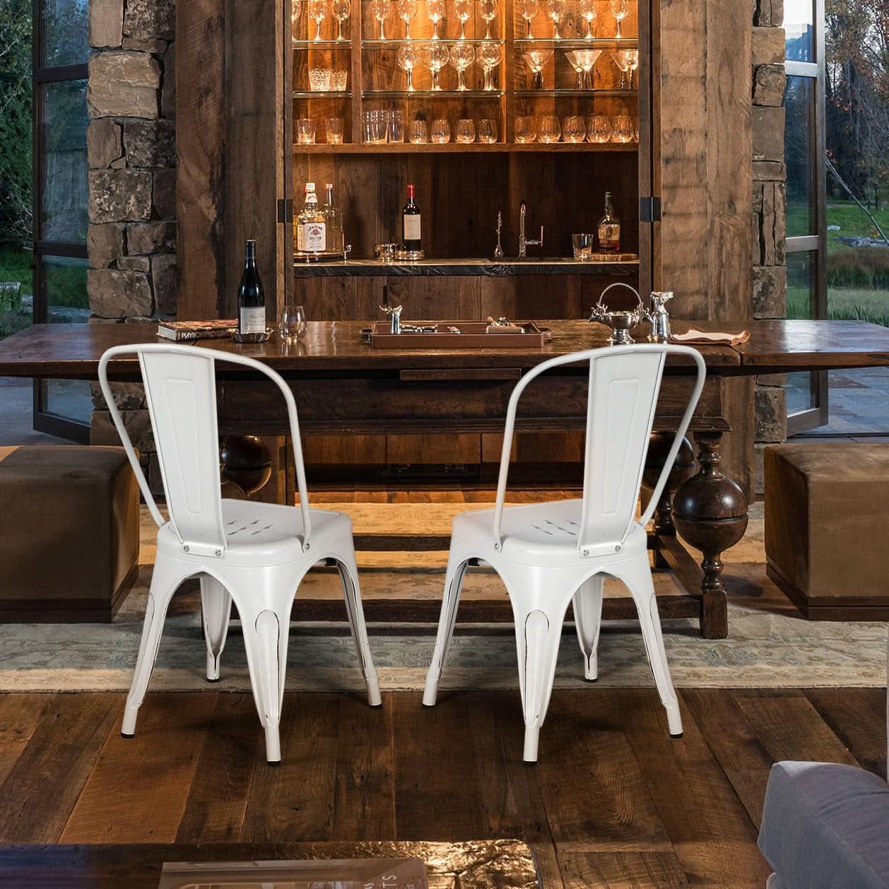 Stackable Distressed White Metal Dining Chairs For Indoor Outdoor Set Of 4