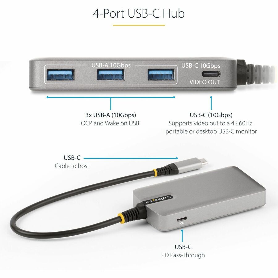 StarTech.com 4-Port USB-C Hub with USB-C DP Alt Mode Video Output, 3x USB-A, 1x USB-C,