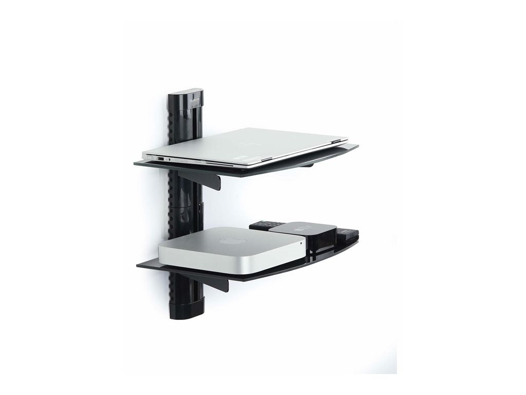 StarTech.com Dual Floating Wall-Mounted AV Shelves, Adjustable Height Shelf For Under TV, Organize A/V Equipment On Black Tempered 2B-WALL-MOUNT-SHELF