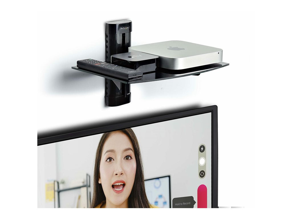 StarTech.com Floating Wall-Mounted AV Shelf, Adjustable Height Shelf For Under TV, Organize A/V Equipment On Black Tempered Glass 1B-WALL-MOUNT-SHELF