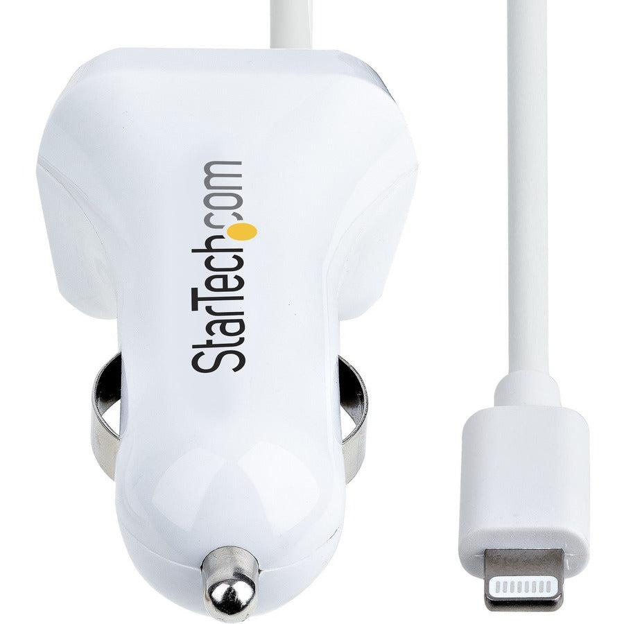 StarTech.com Lightning Car Charger with Coiled Cable, 1m Built-in Cable, 12W, White, 2 Port USB Car Charger Adapter, In Car iPhone Charger