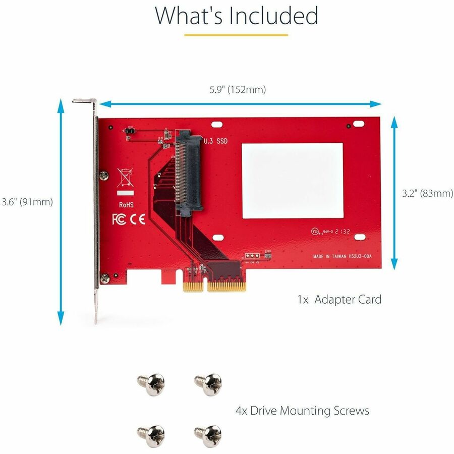 StarTech.com U.3 to PCIe Adapter Card, PCIe 4.0 x4 Adapter For 2.5" U.3 NVMe SSDs,