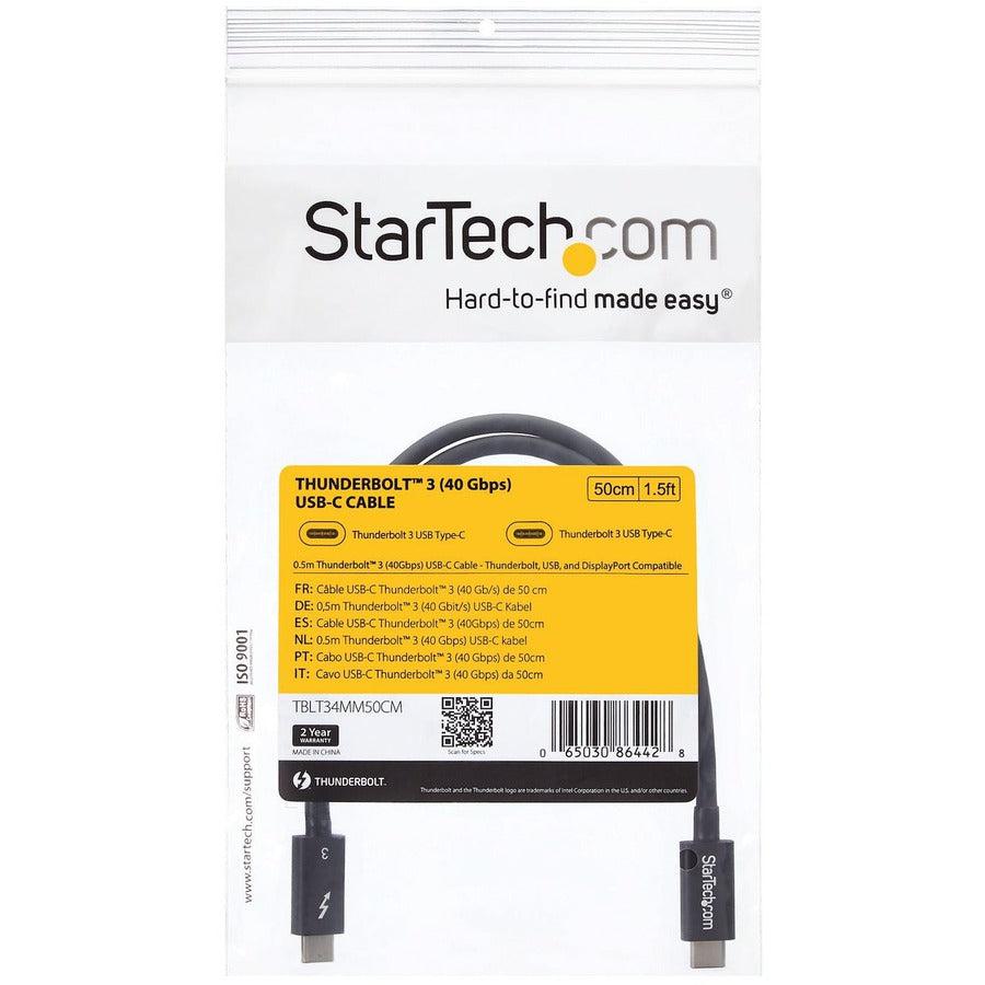Startech.Com 0.5M Thunderbolt 3 (40Gbps) Usb-C Cable - Thunderbolt, Usb, And Displayport Compatible