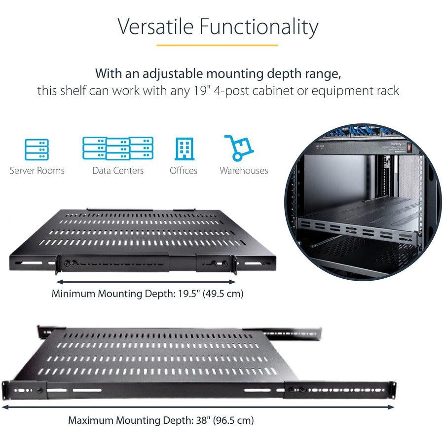 Startech.Com 1U Adjustable Mounting Depth Vented Rack Mount Shelf - Heavy Duty Fixed Rack Shelf - 250Lbs / 113Kg