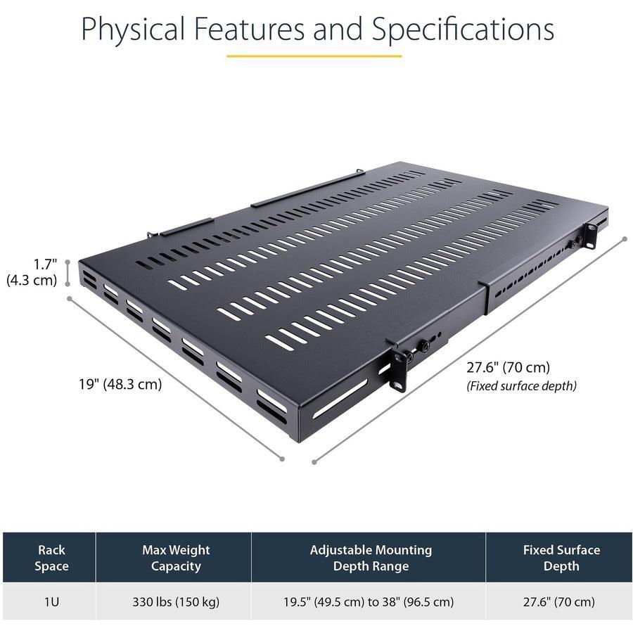 Startech.Com 1U Adjustable Mounting Depth Vented Rack Mount Shelf - Heavy Duty Fixed Rack Shelf - 250Lbs / 113Kg