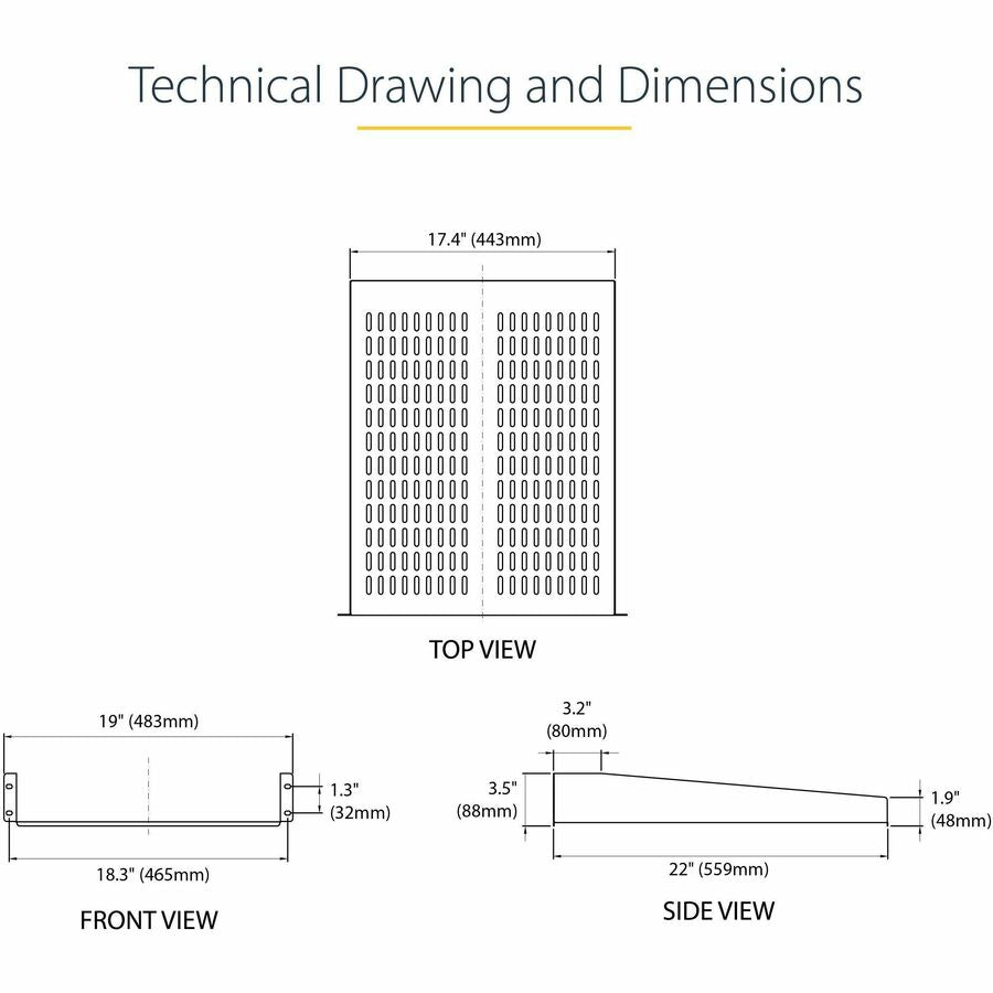 Startech.Com 2U Server Rack Shelf - Universal Vented Rack Mount Cantilever Tray For 19" Network Equipment Rack & Cabinet - Heavy Duty Steel  Weight Capacity 50Lb/23Kg - 22" Deep Shelf, Black
