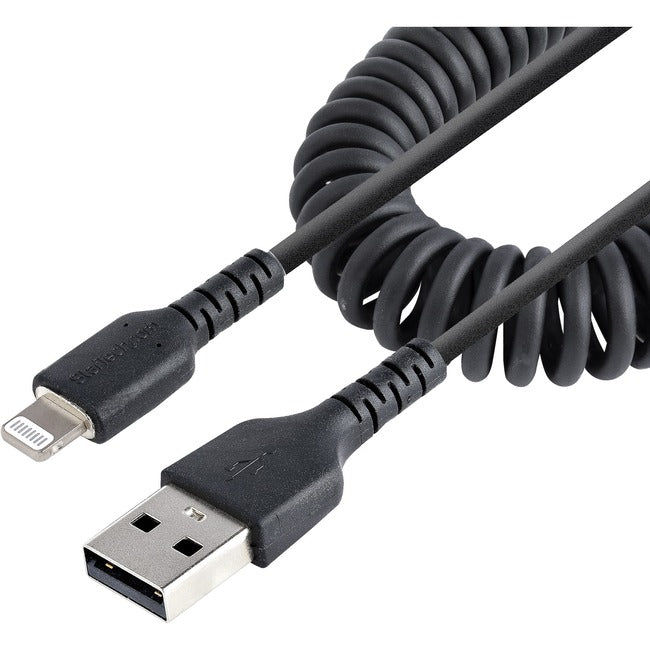 Startech.Com 50Cm (20In) Usb To Lightning Cable, Mfi Certified, Coiled Iphone Charger Cable, Black, Durable And Flexible Tpe Jacket Aramid Fiber, Heavy Duty Coil Charging Cable - Rugged Usb Lightning Cable (Rusb2Alt50Cmbc) - Lightning Cable - Usb Male To