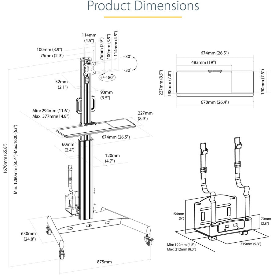 Startech.Com Mobile Workstation Cart With Monitor Mount, Cpu/Pc Holder, Keyboard Tray - Ergonomic
