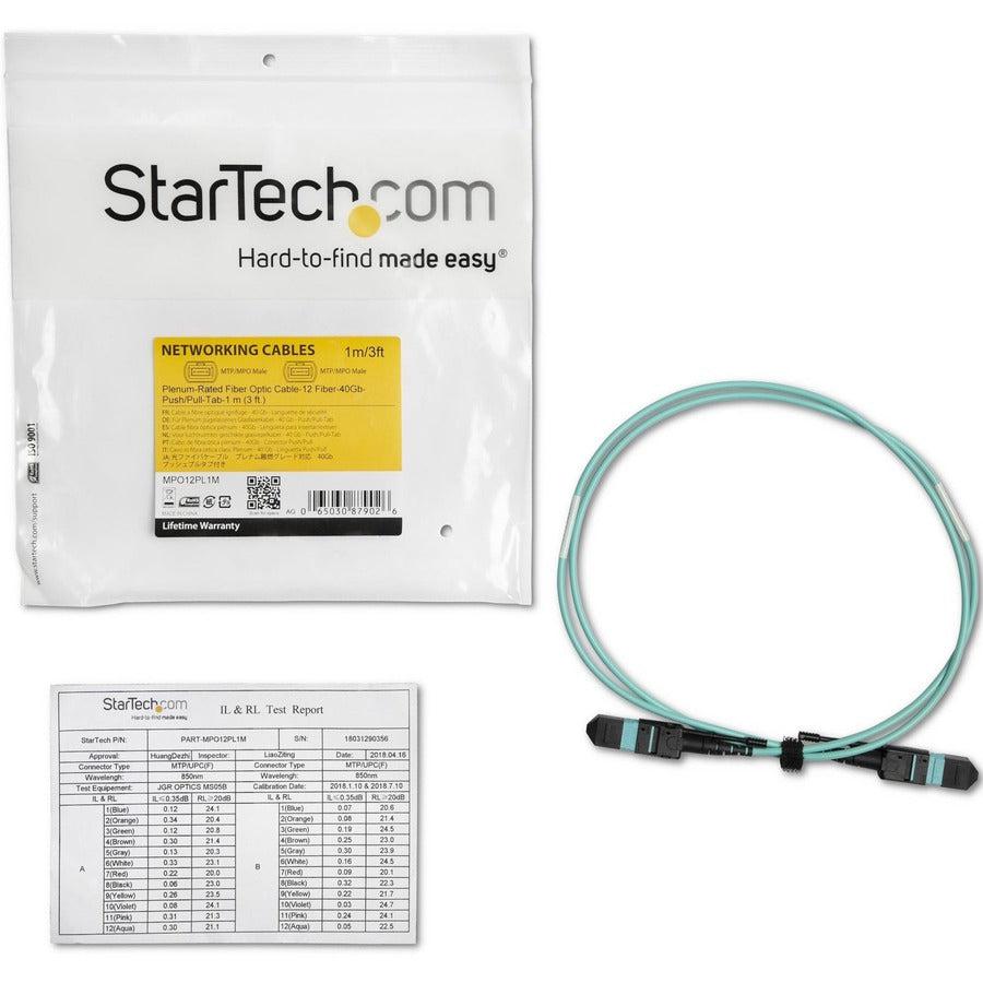 Startech.Com Mpo/Mtp Fiber Optic Cable - Plenum-Rated - Om3, 40Gb - Push/Pull-Tab - 1 M (3 Ft.)