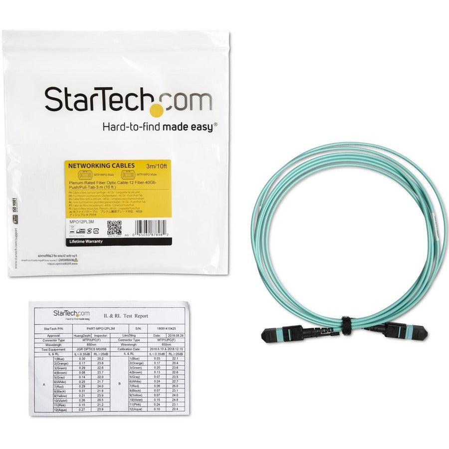 Startech.Com Mpo/Mtp Fiber Optic Cable - Plenum-Rated - Om3, 40Gb - Push/Pull-Tab - 3 M (10 Ft.)