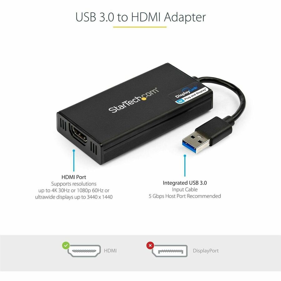 Startech.Com Usb 3.0 To Hdmi Adapter - 4K 30Hz Ultra Hd - Displaylink Certified - Usb Type-A To Hdmi