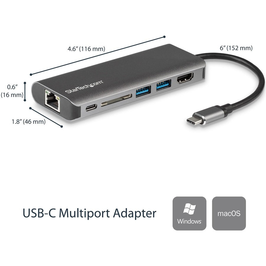 Startech.Com Usb C Multiport Adapter - Portable Usb Type-C Travel Dock - 4K Hdmi, 2-Pt Usb Hub, Sd, Gbe, 60W Pd Pass-Through - Laptop Dock