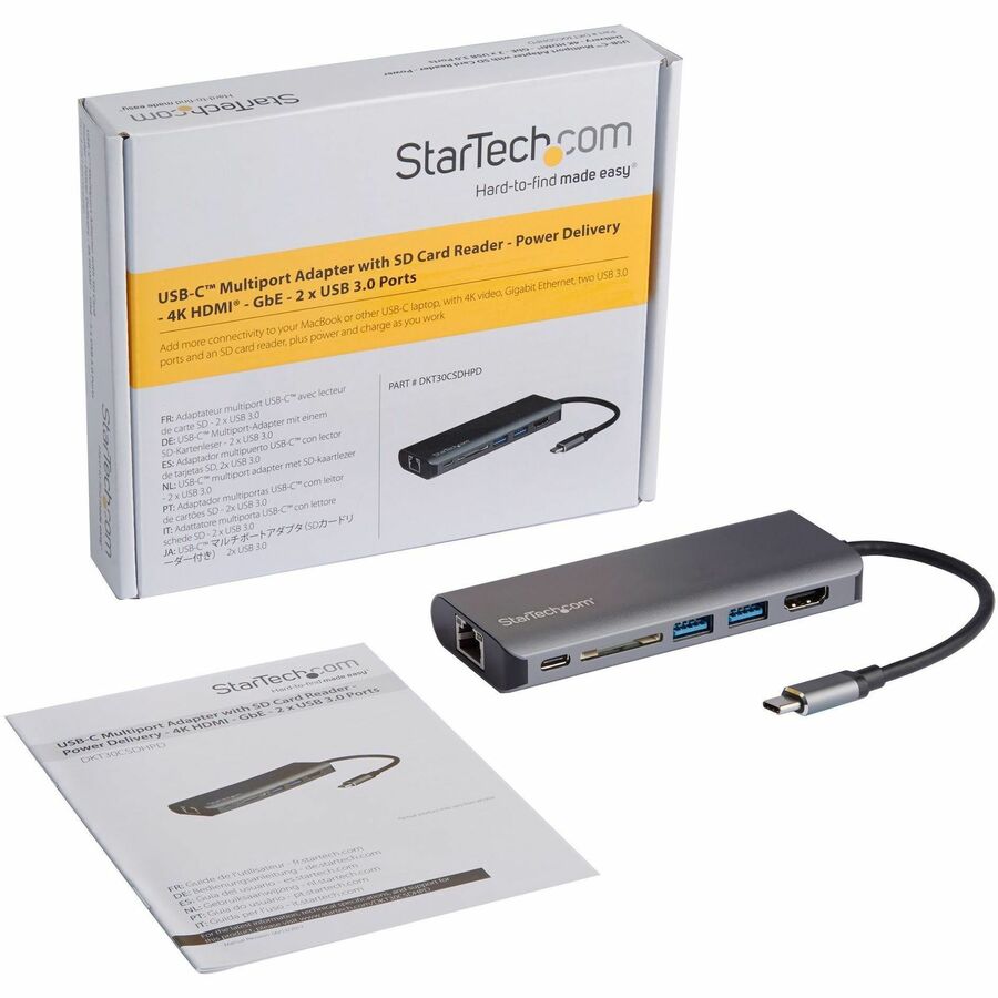 Startech.Com Usb C Multiport Adapter - Portable Usb Type-C Travel Dock - 4K Hdmi, 2-Pt Usb Hub, Sd, Gbe, 60W Pd Pass-Through - Laptop Dock