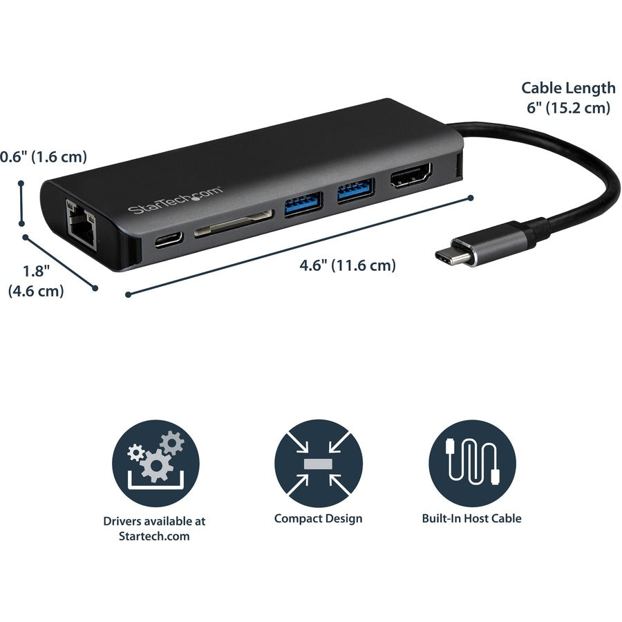 Startech.Com Usb C Multiport Adapter - Portable Usb Type-C Travel Dock - 4K Hdmi, 2-Pt Usb Hub, Sd, Gbe, 60W Pd Pass-Through - Laptop Dock