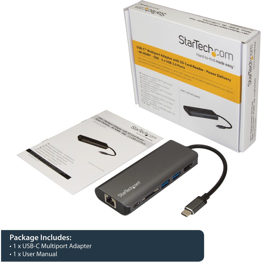 Startech.Com Usb C Multiport Adapter - Portable Usb Type-C Travel Dock - 4K Hdmi, 2-Pt Usb Hub, Sd, Gbe, 60W Pd Pass-Through - Laptop Dock