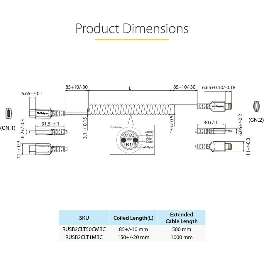 Startech.Com Usb C To Lightning Cable 20In / 50Cm, Mfi Certified, Coiled Iphone Charger Cable,