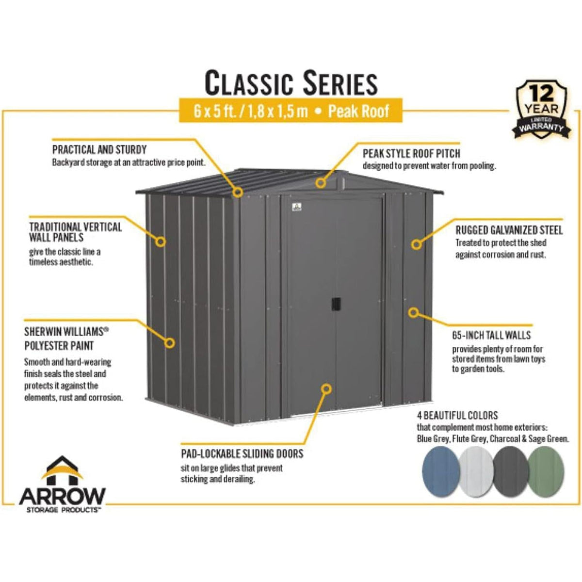 Steel Storage Shed 6x5 Flute Grey Outdoor Garden Shed