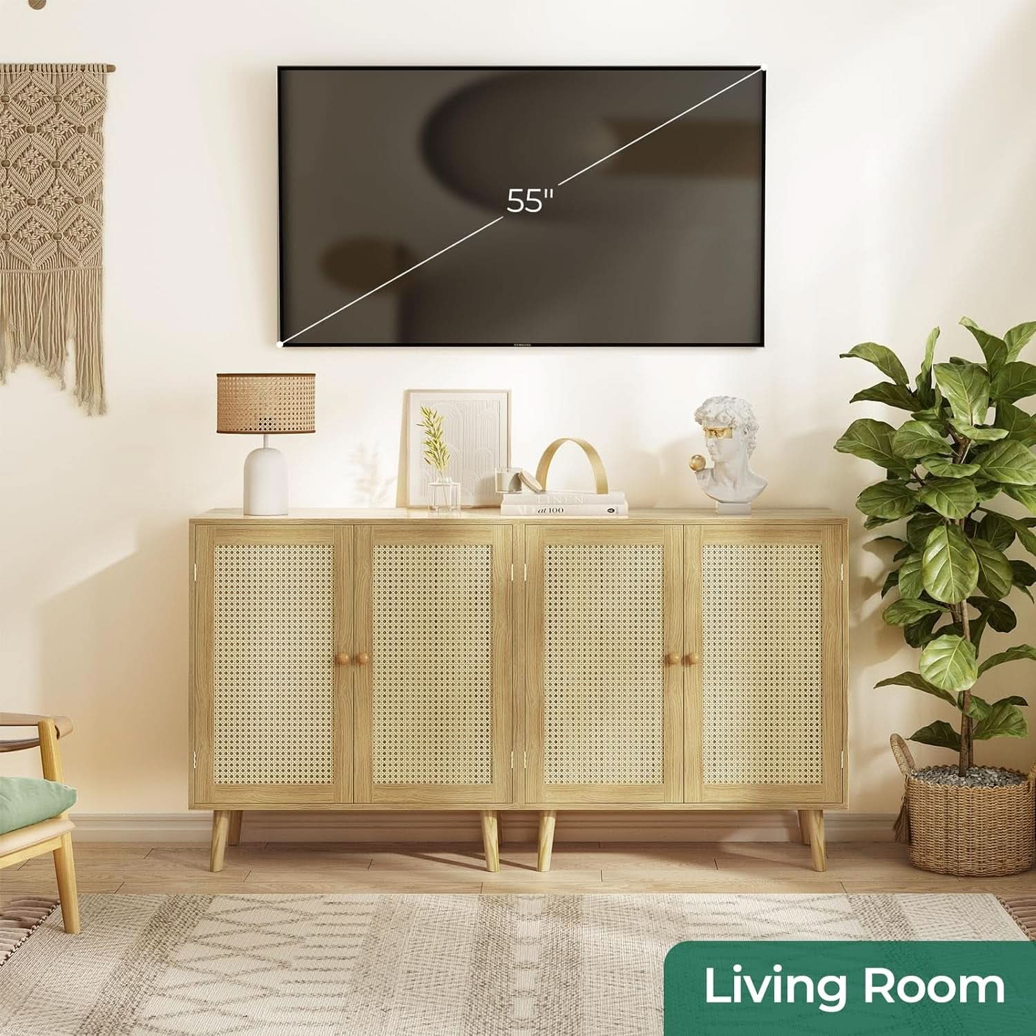 Storage Buffet Cabinet With Rattan Doors And Natural Finish