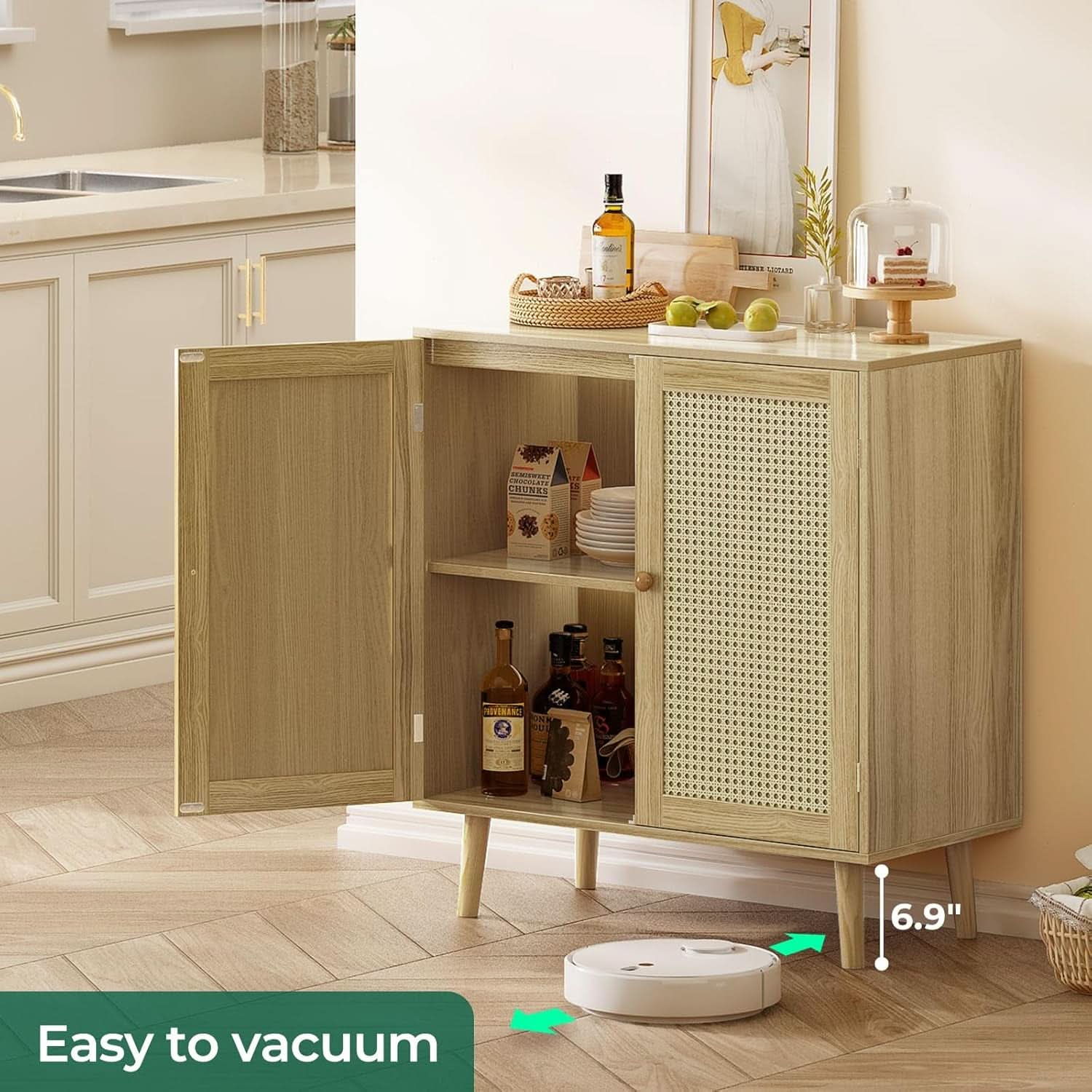 Storage Buffet Cabinet With Rattan Doors And Natural Finish