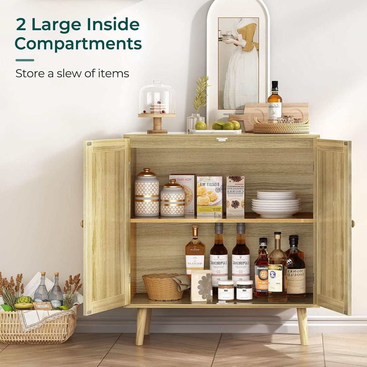 Storage Buffet Cabinet With Rattan Doors And Natural Finish