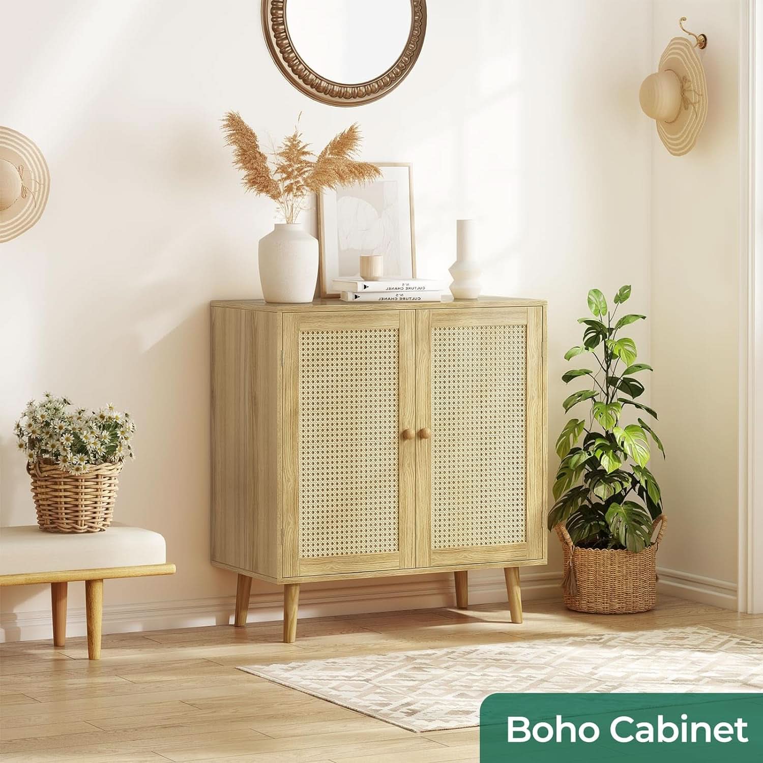 Storage Buffet Cabinet With Rattan Doors And Natural Finish