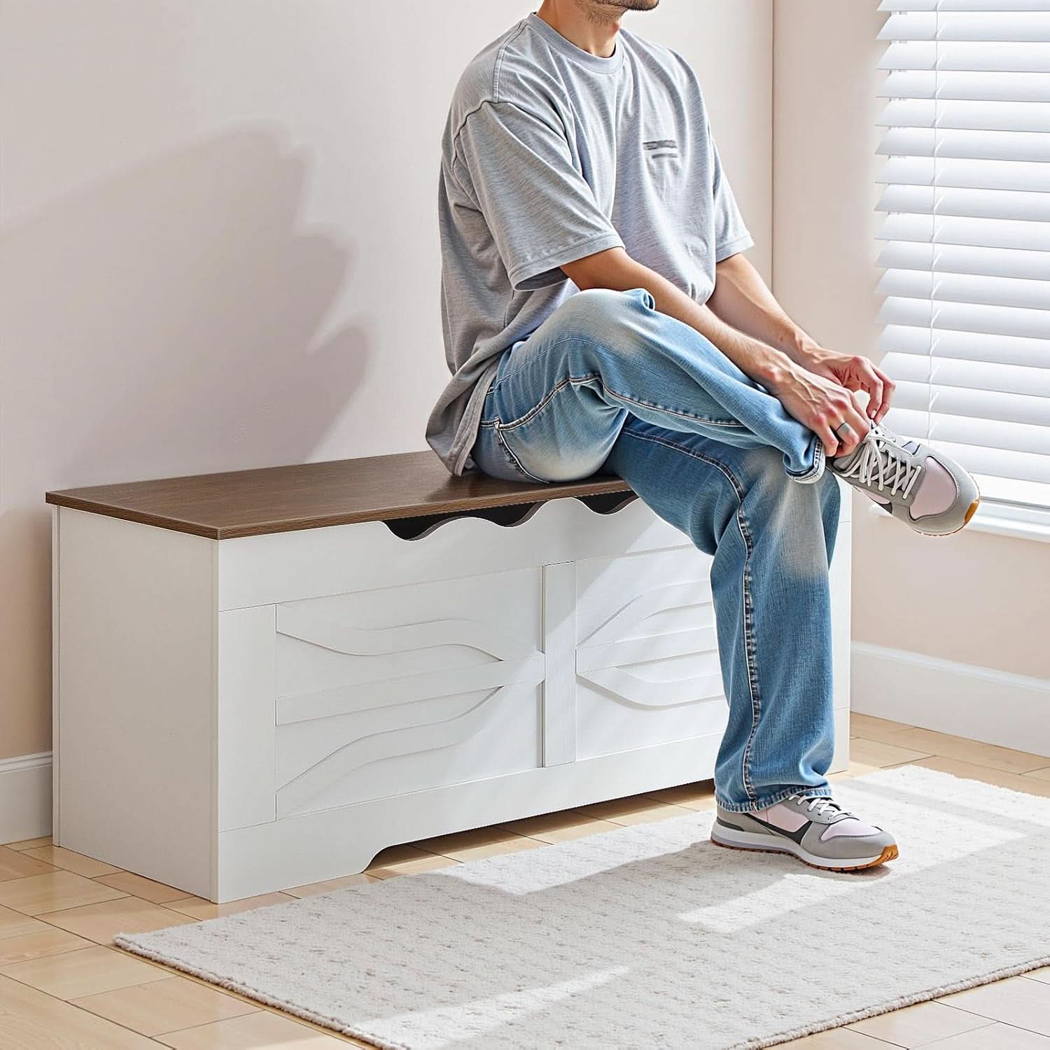 StorageBench 47.2In WhiteWalnut SafetyHinges EntrywayLivingRoom