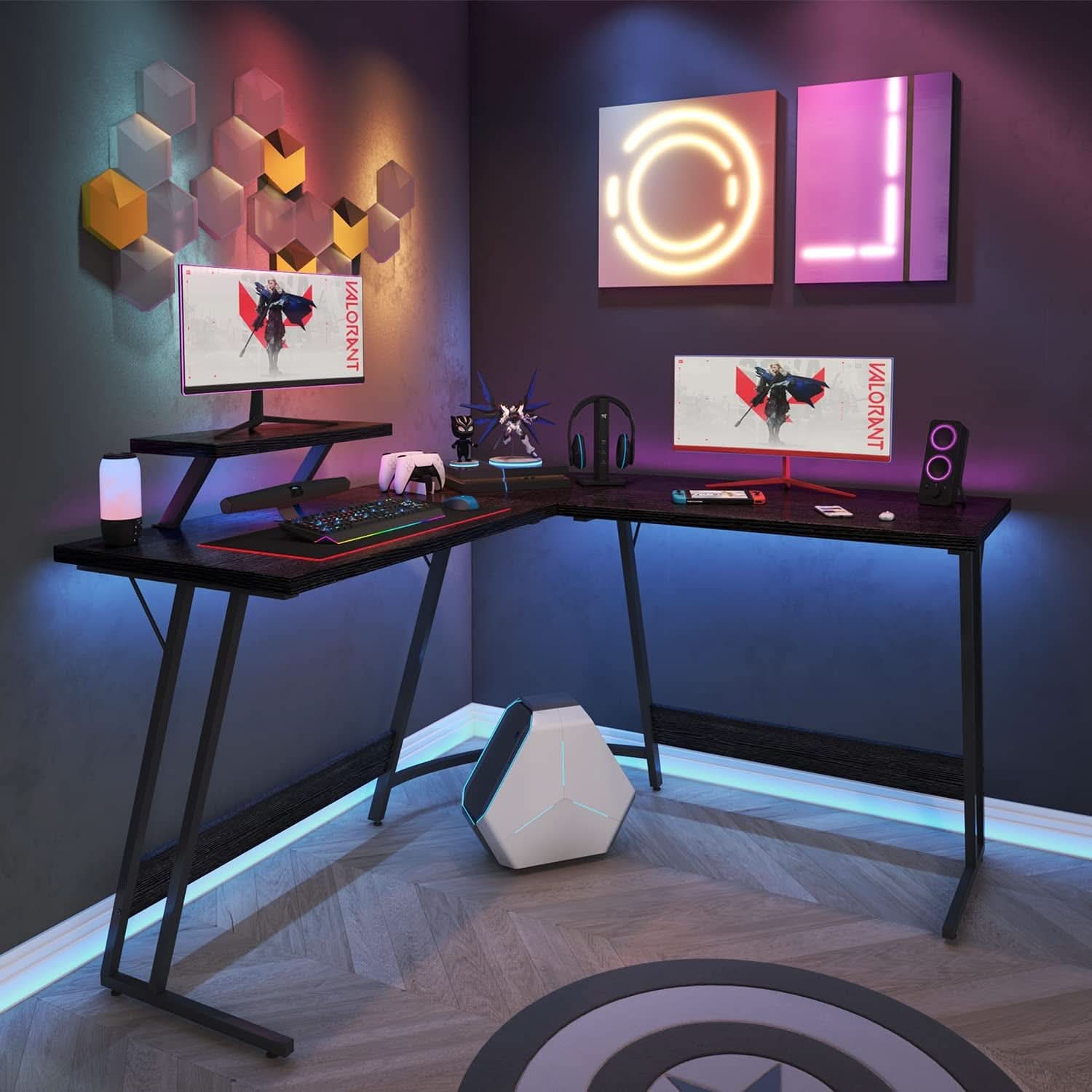 Sturdy L Shaped Gaming Desk With Monitor Riser Corner