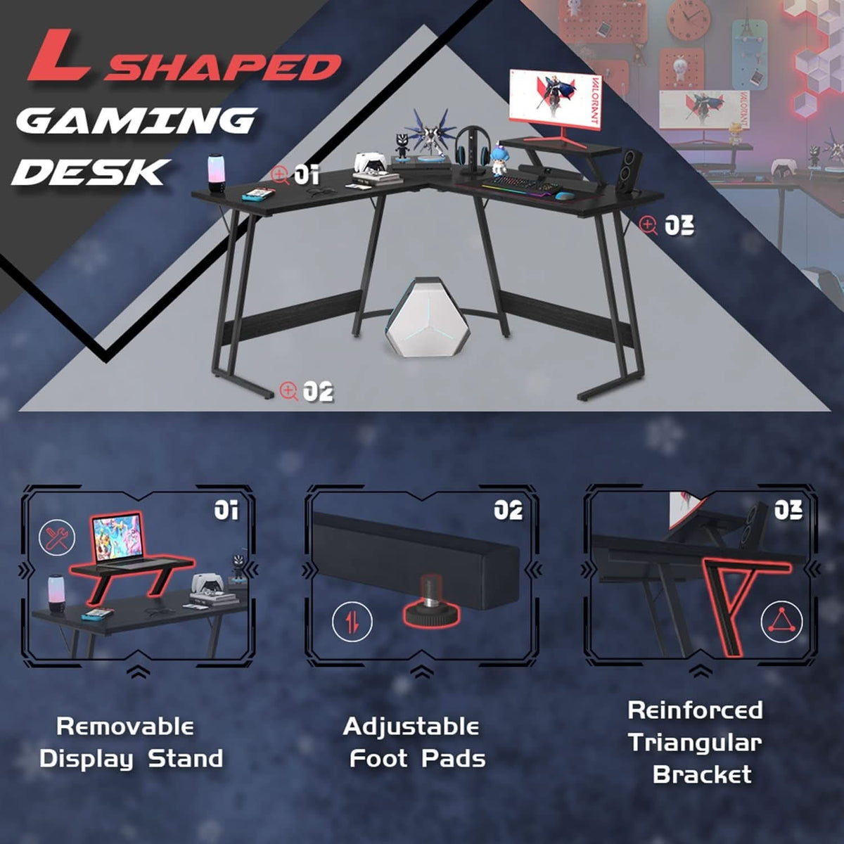 Sturdy L Shaped Gaming Desk With Monitor Riser Corner