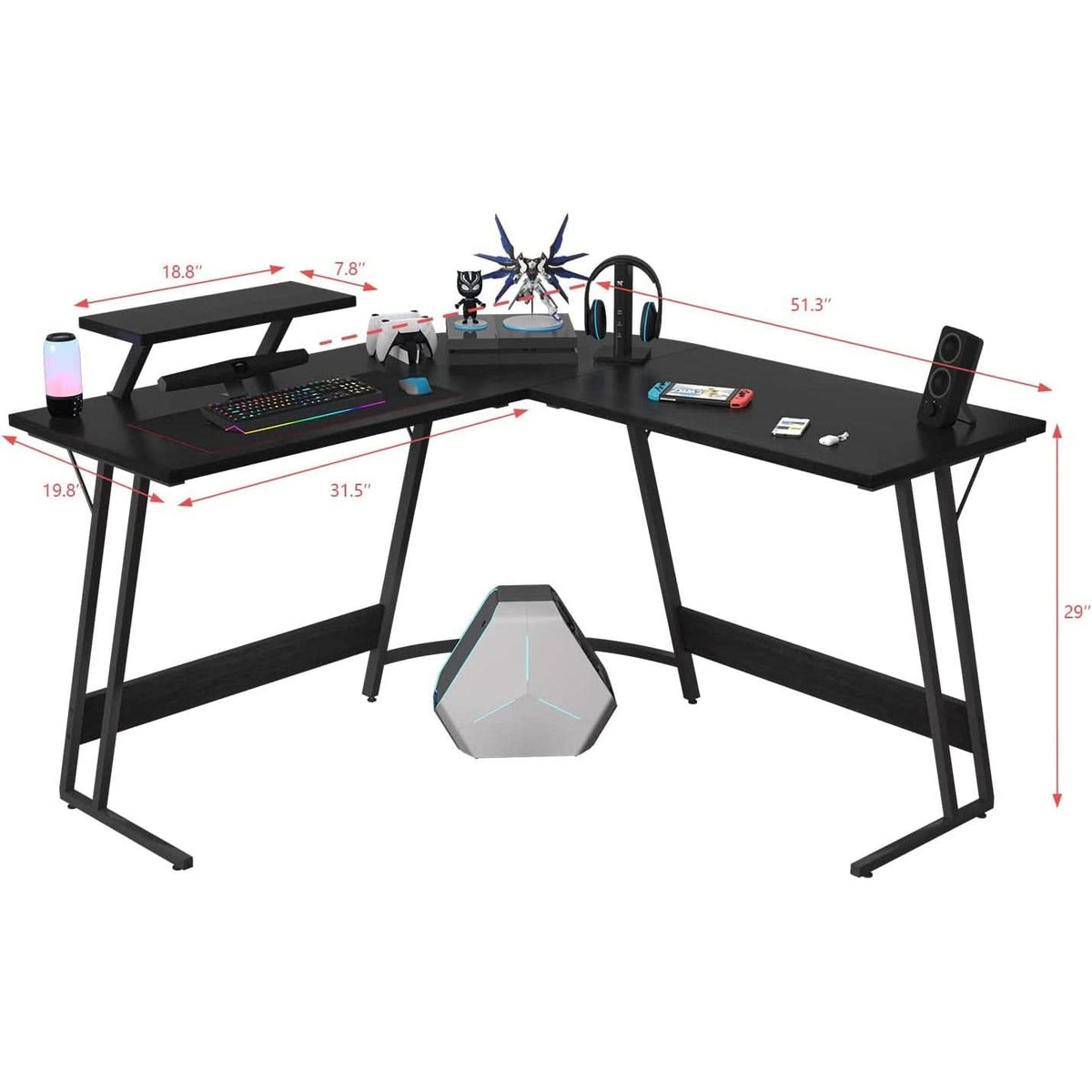 Sturdy L Shaped Gaming Desk With Monitor Riser Corner