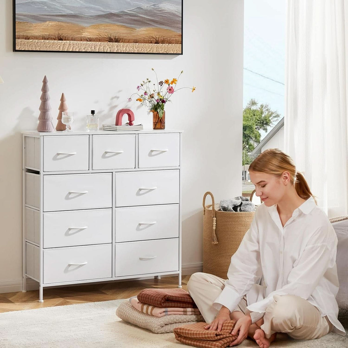 Sturdy Nine Drawer Dresser With Wood Top And Steel Frame
