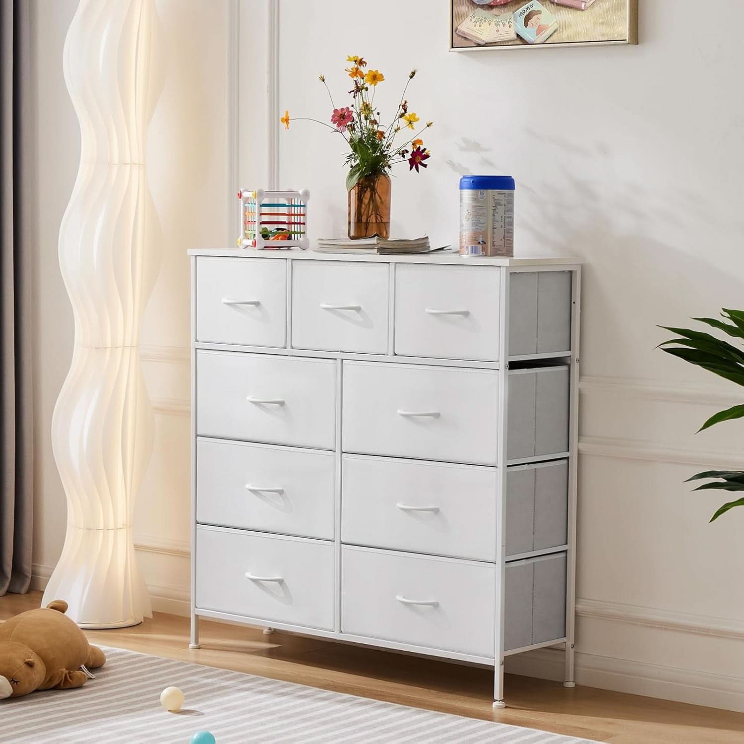Sturdy Nine Drawer Dresser With Wood Top And Steel Frame