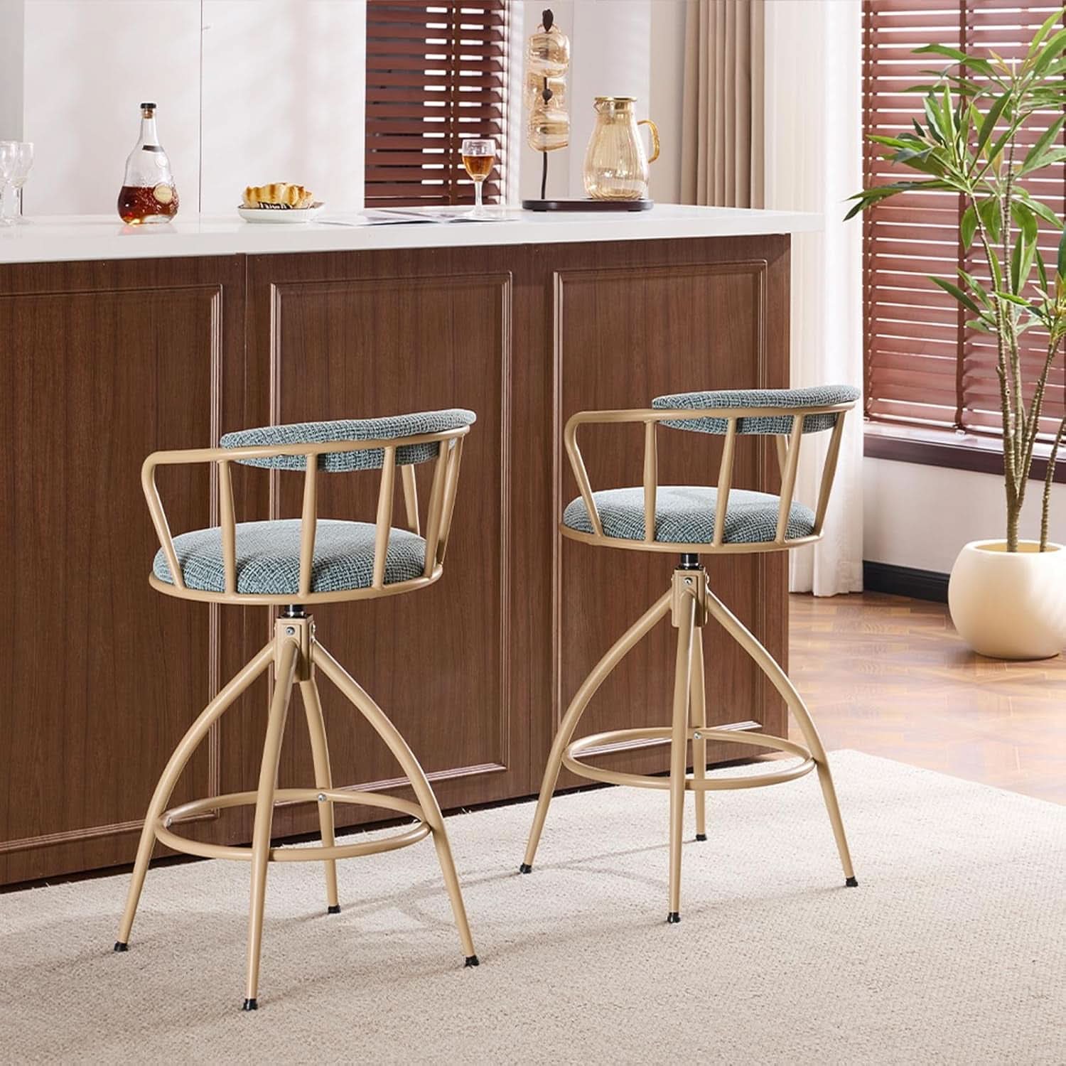 Stylish Chenille Swivel Bar Stools Set of Two