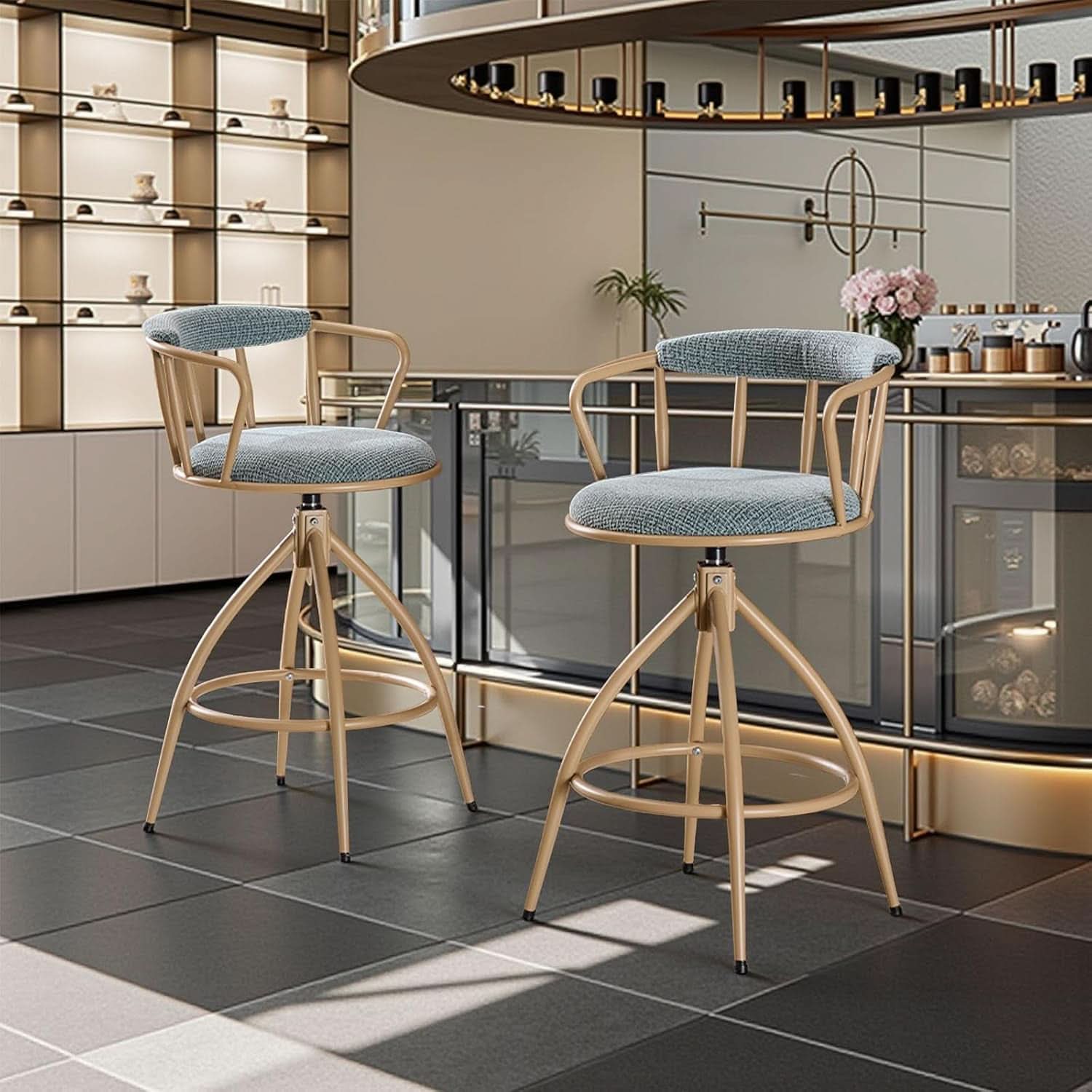 Stylish Chenille Swivel Bar Stools Set of Two