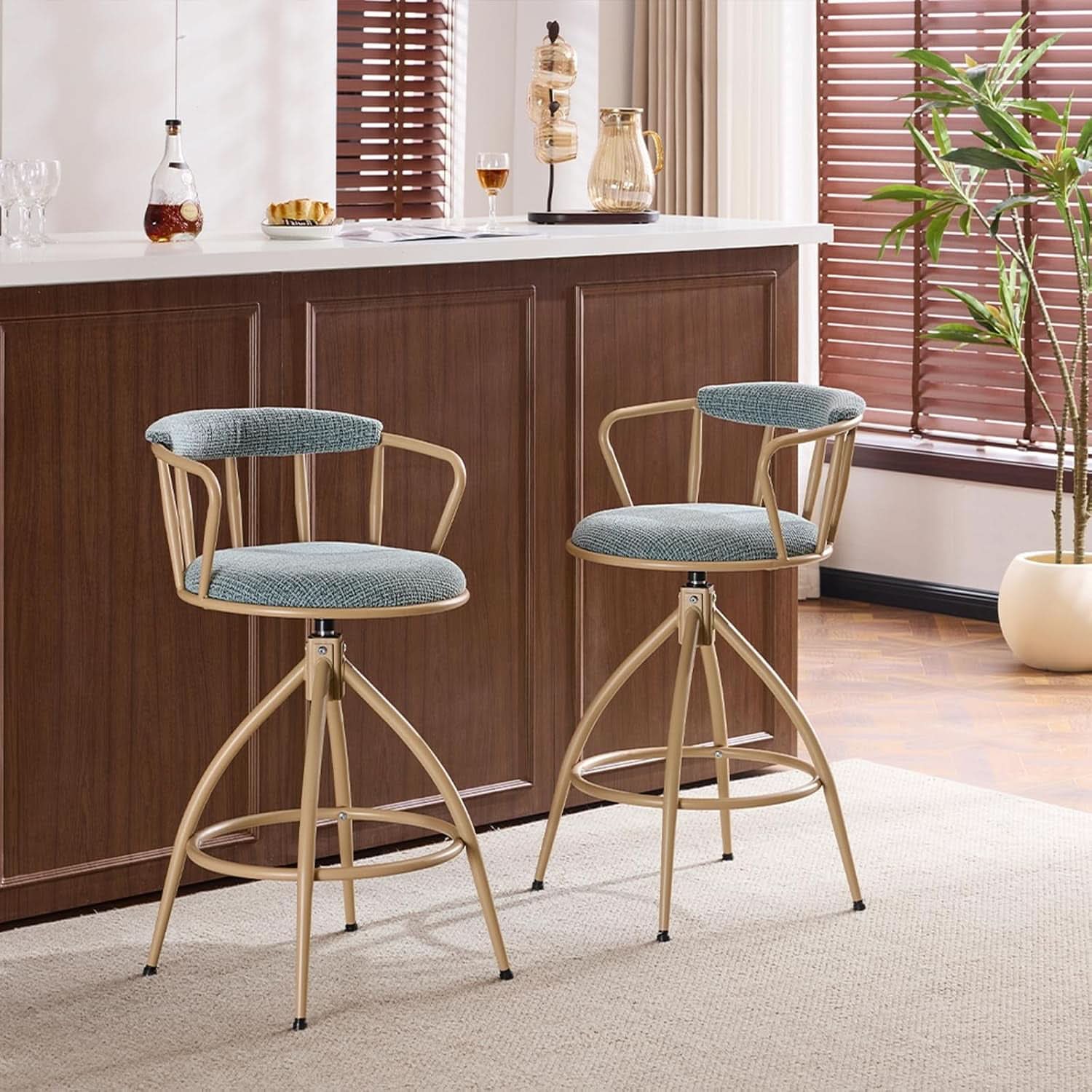 Stylish Chenille Swivel Bar Stools Set of Two