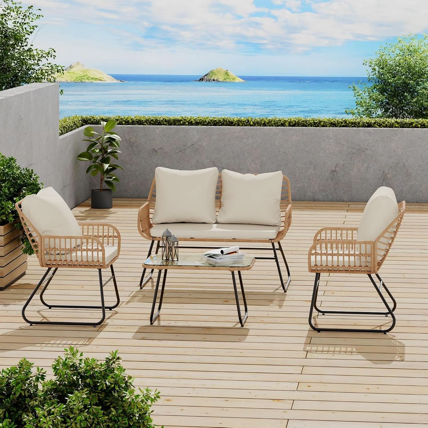 Stylish Four-Piece Outdoor Rattan Furniture Set with Cushions