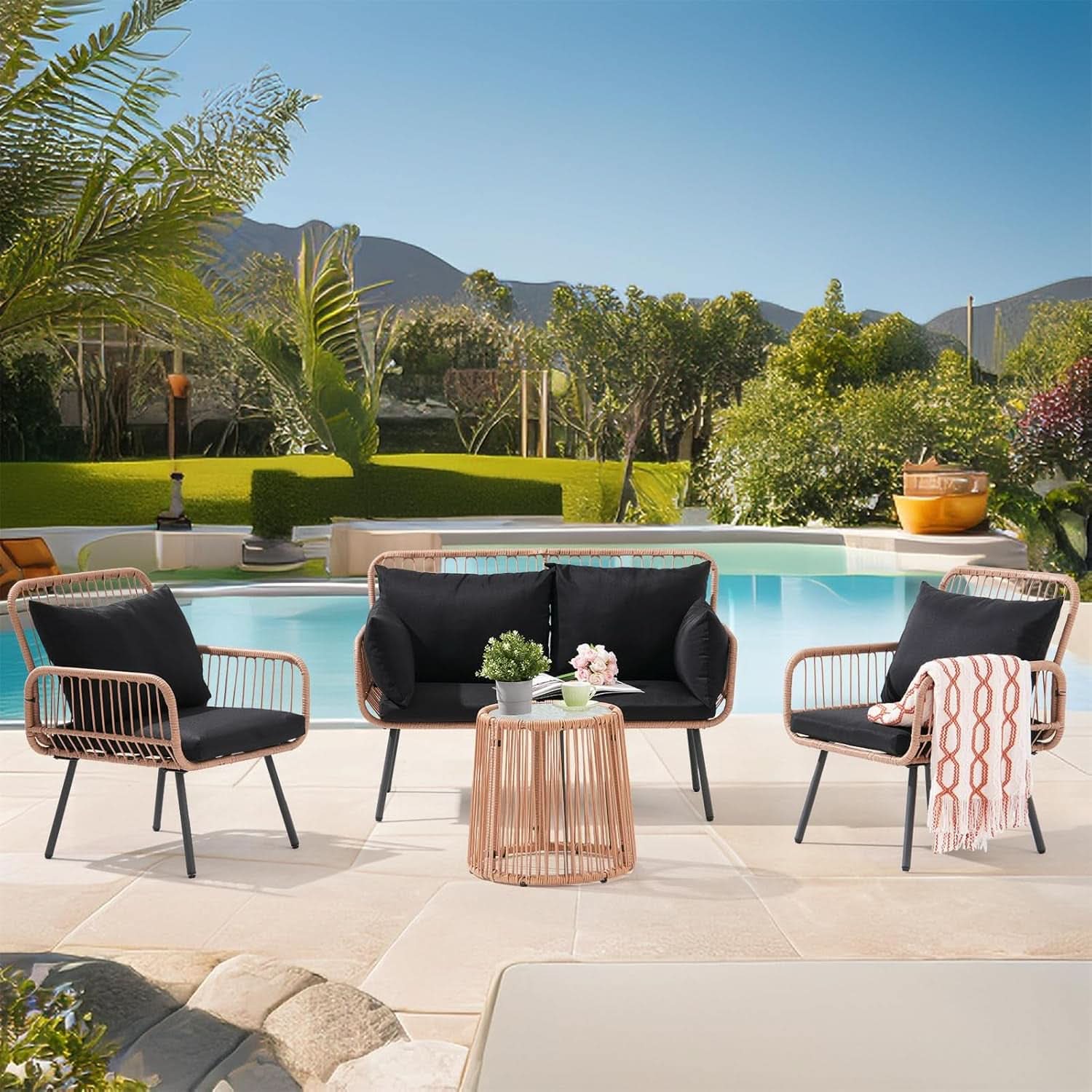 Stylish Four Piece Outdoor Wicker Patio Furniture Set