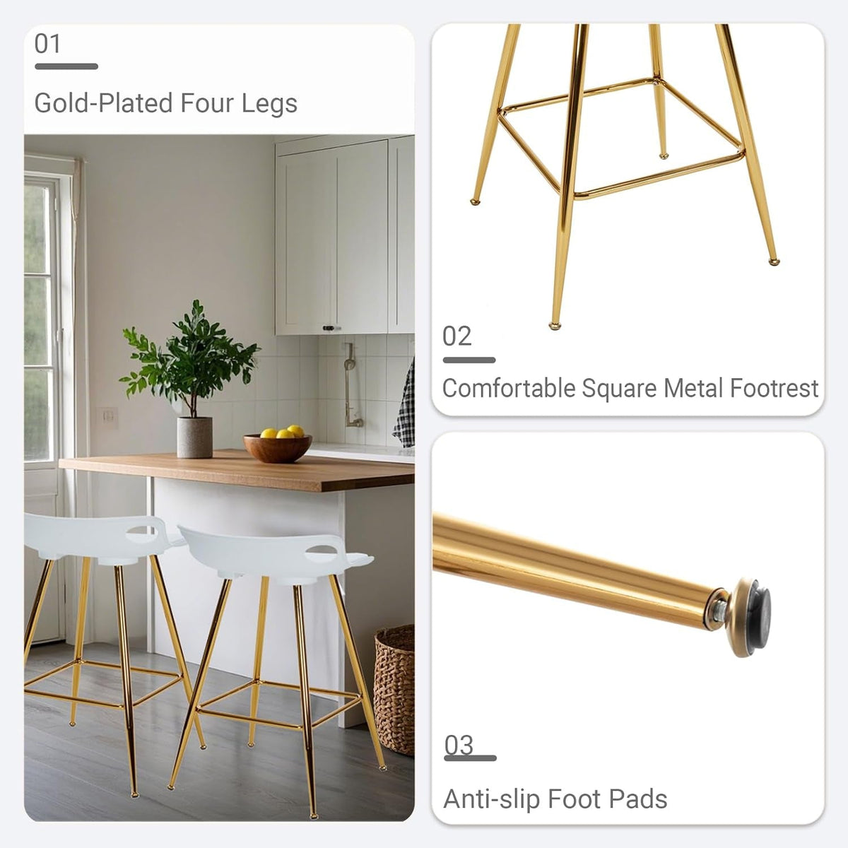 Stylish Gold Bar Stools Set of Two with Footrests