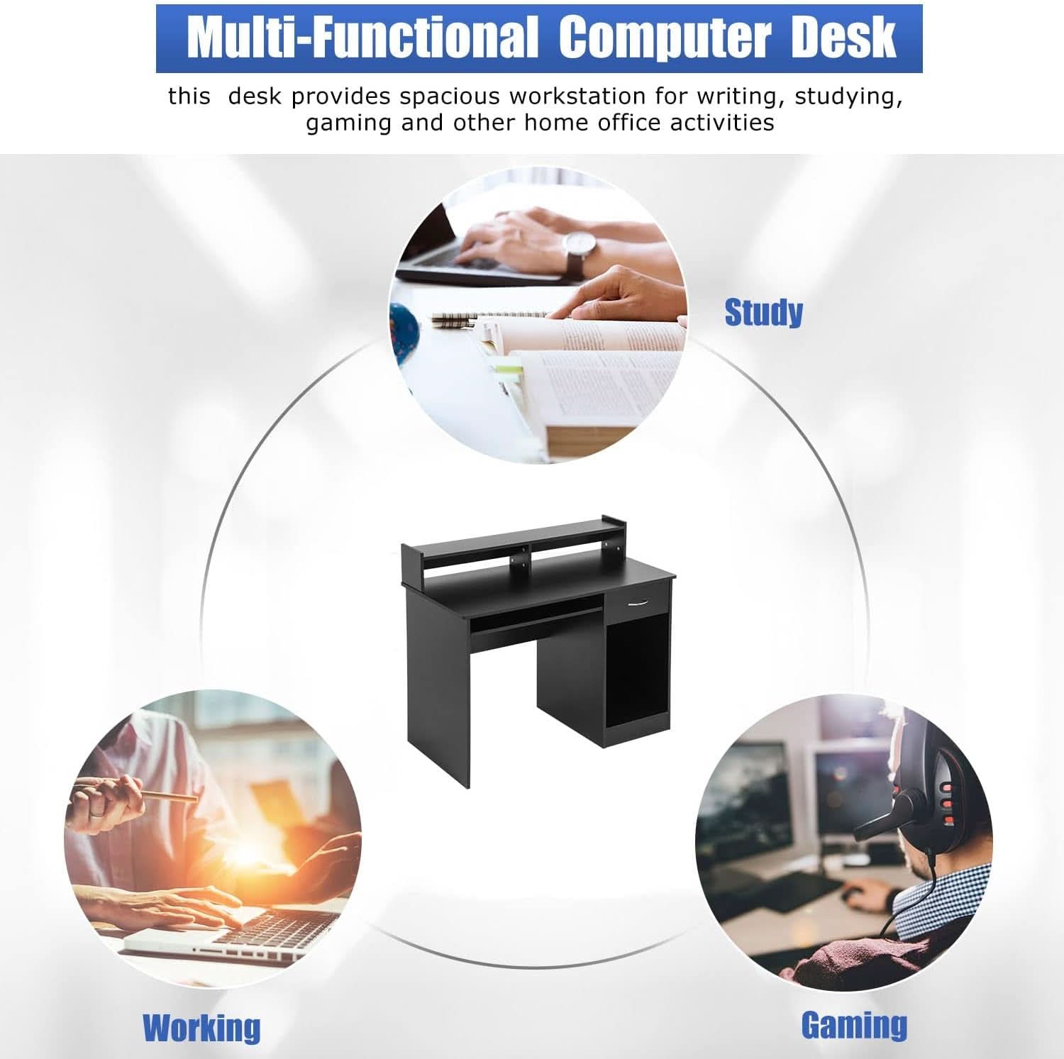 Stylish Office Desk with Drawers and Keyboard Tray